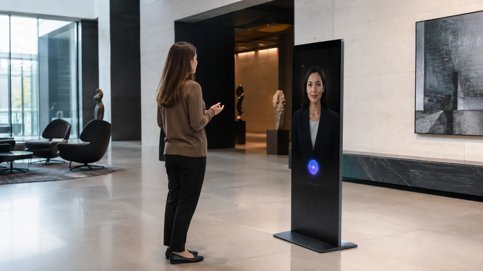 Visitante conversando con un agente de IA TEM instalado en un espacio real