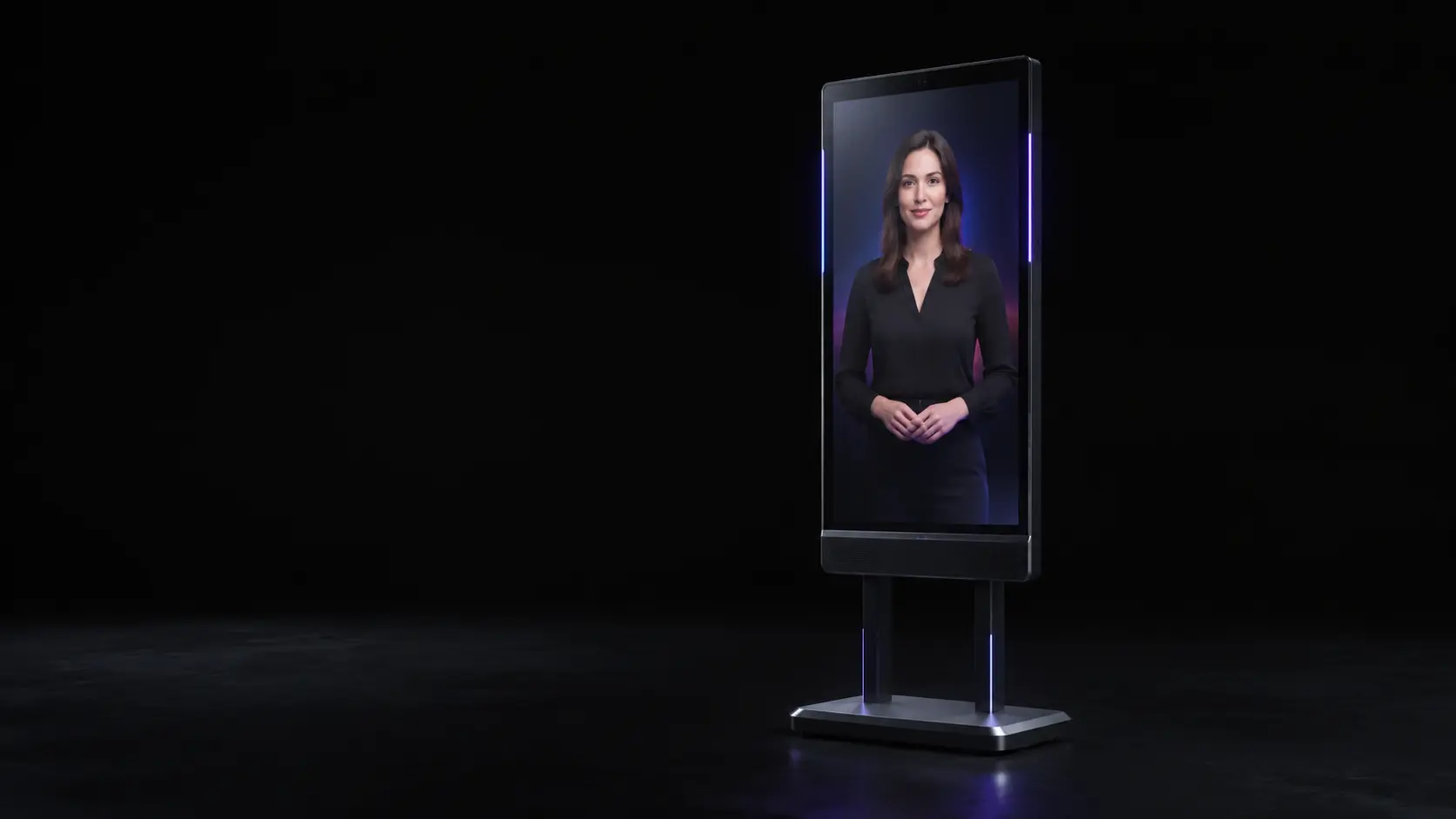 Agente de inteligencia artificial TEM integrado en un soporte vertical con pantalla, cámara, micrófono y base física